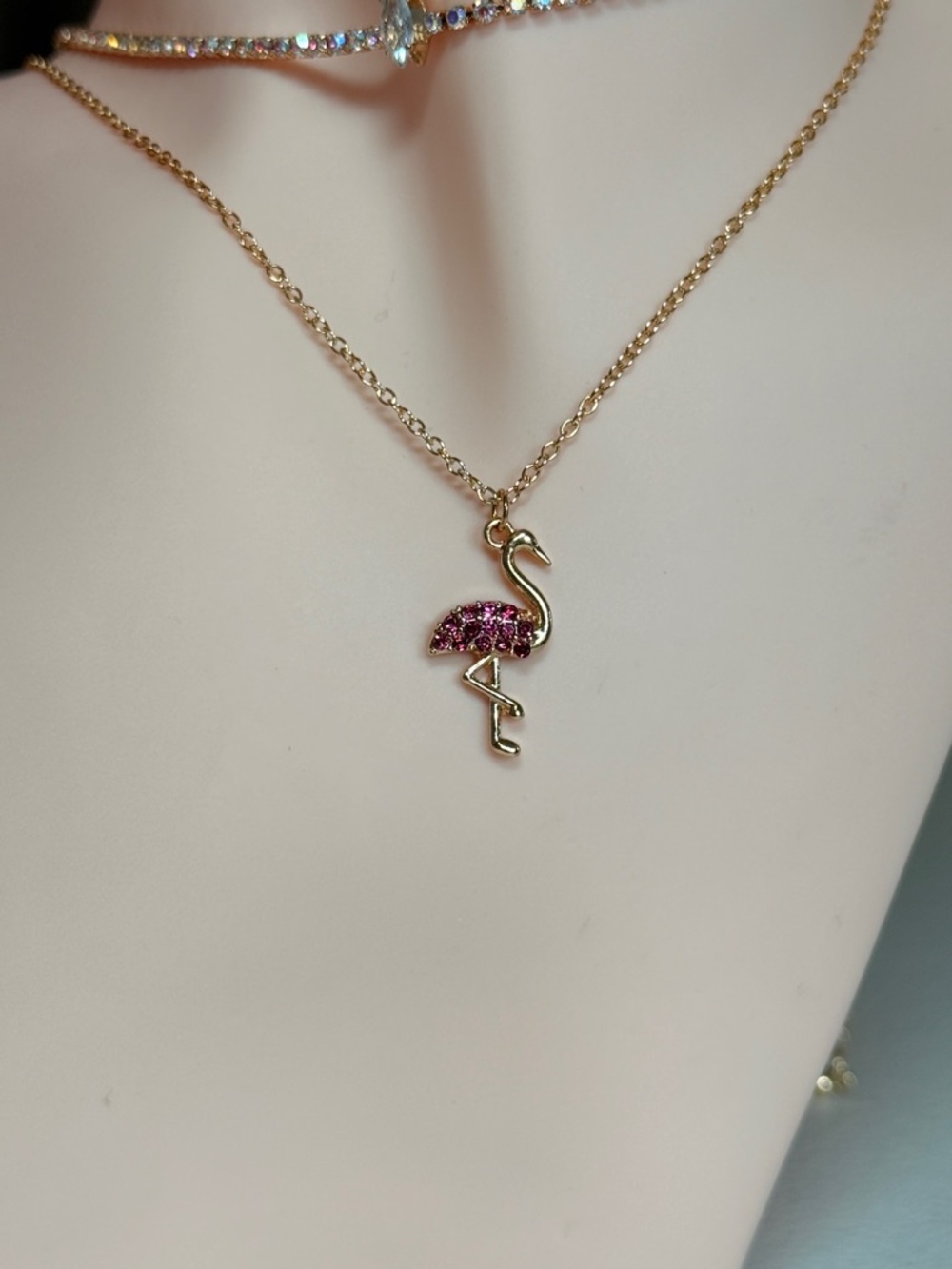 Gold Flamingo Pendant Necklace with Pink Crystal Accent - Picture 6 of 9
